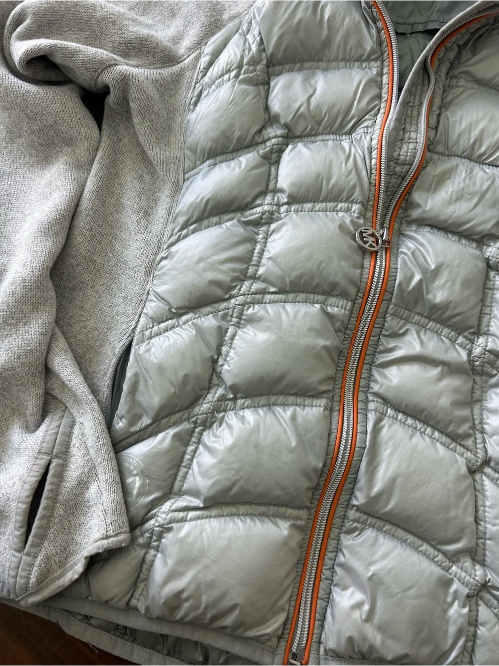 Michael Kors Light Gray Quilted Hooded Jacket with Coral Trim